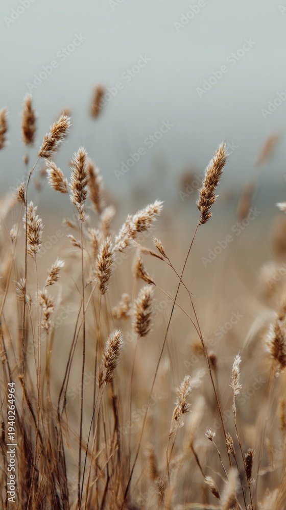 Fototapeta premium Natural field grass softly illuminated by daylight with clean vertical framing and open space.