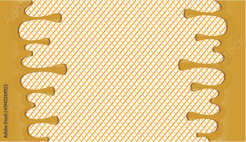 Hot chocolate drip illustration. Melting chocolate on waffle background. Drippy ice cream vector design. Wavy choco melt border. Brown chocolate drips illustration.