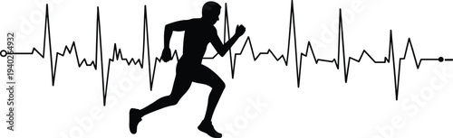 Running athlete silhouette with heartbeat ECG line representing fitness health monitoring cardio workout and heart rate activity isolated minimal black vector illustration