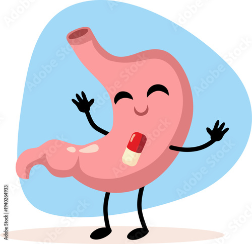 Stomach Mascot with Pill Inside Vector Illustration Graphic. Cheerful anatomical illustration features a personified internal organ