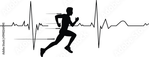 Running athlete silhouette with heartbeat ECG line representing cardio fitness training health monitoring endurance sport activity isolated minimal black vector illustration