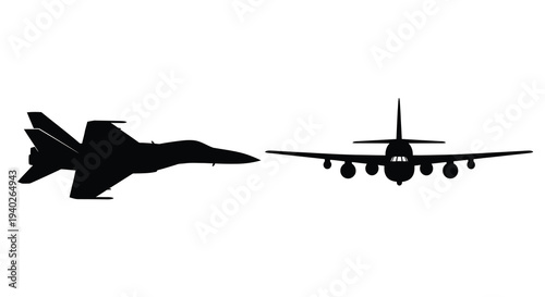 Two military aircraft in flight a stark black silhouette