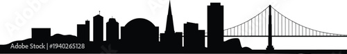 San Francisco skyline silhouette with Golden Gate Bridge and downtown skyscrapers, minimalist black cityscape panorama isolated on white background, urban architecture illustration
