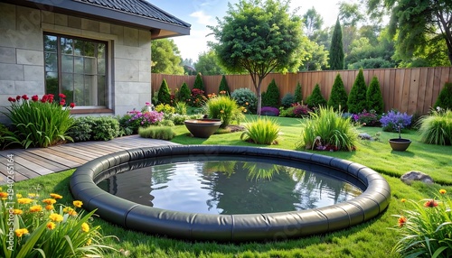 Serene Backyard Oasis with Pond and Lush Greenery.
