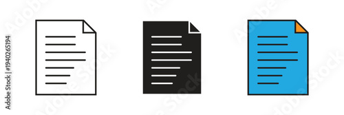 Generic Data and Page Content Icon. Versatile paper document icon set with text lines, suitable for general file management, blog posts, news articles, and digital publishing.