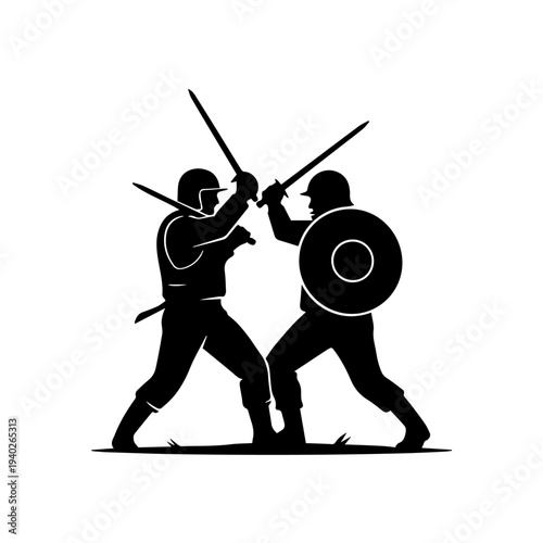 Sword Combat Silhouette: Two historical warriors engage in a fierce sword battle, their silhouettes revealing the intensity of the fight, against a clean background. 