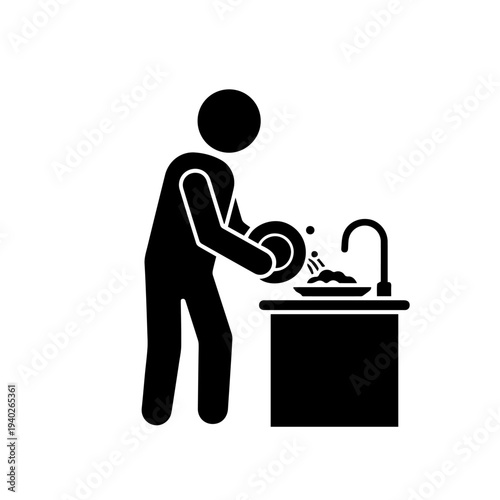 Daily Ritual: Simple line art illustrating the essential routine of handwashing a dish, a timeless act of care and domesticity.