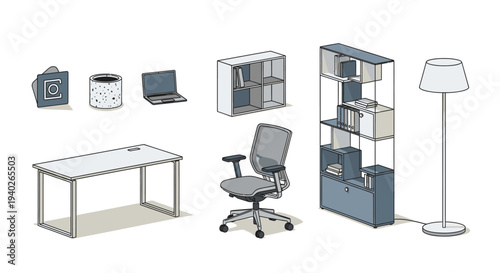 a collection of modern isometric office furniture and home office essentials featuring a desk chair and bookshelves on a white background.