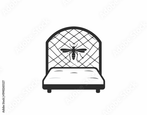 Minimalist vector graphic symbolizing disrupted peaceful slumber, featuring an annoying insect near a bed, highlighting pest control needs and discomfort during nighttime sleep
