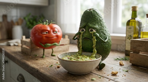 Sad avocado character crying guacamole tears with laughing tomato
