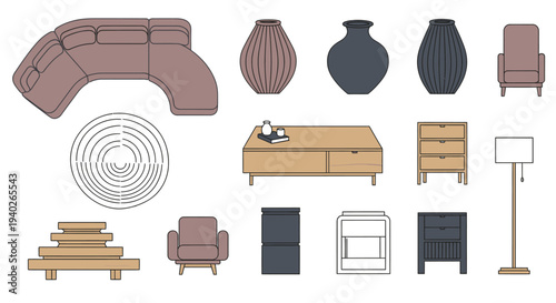 a collection of modern minimalist home furniture and decor items ideal for interior design concepts or e-commerce displays.