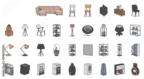 a comprehensive collection of isometric furniture and home decor items ideal for interior design elements and digital product assets.