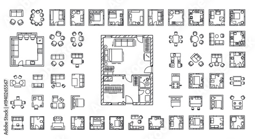 a comprehensive collection of architectural floor plan elements and furniture symbols for interior design and building project planning.