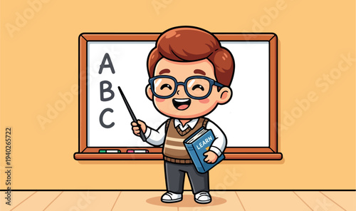Cartoon teacher holding book pointer teaching alphabet, cheerful classroom education children learning 
