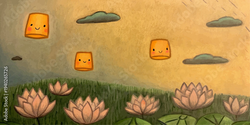 Kawaii Lotus Pond with Floating Lanterns Vesak Day Vector Illustration