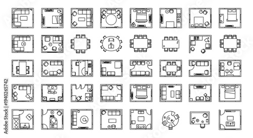 a diverse grid of interior floor plans and room layouts showcasing furniture arrangements for modern home design concepts.