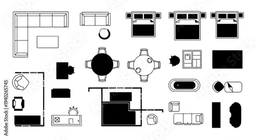 a diverse set of black and white floor plan icons showcasing furniture and room layouts for architectural design and planning.