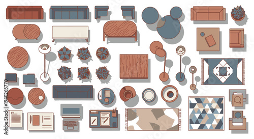 a flat lay top-down collection of modern home furniture and decor illustrating interior design and space planning concepts