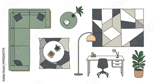 a flat lay top-down perspective of modern home interior furniture and decor for living room and home office design.