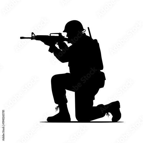 Silhouette of a Soldier in Action: A silhouetted soldier in a combat stance, kneeled and focused, holding a rifle, embodying strength and determination.