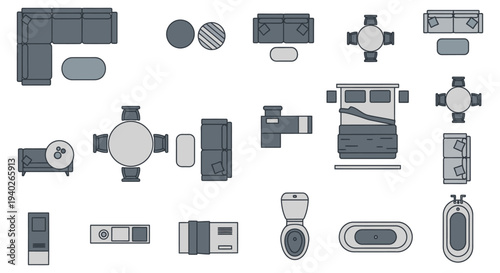 modern furniture and appliance top-view illustrations for interior design and architectural floor plans