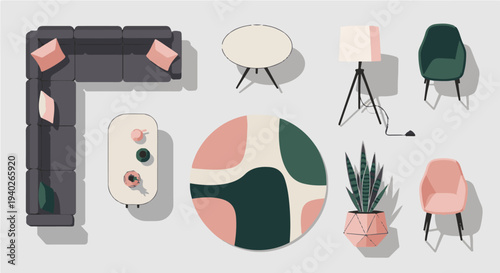 modern flat lay design featuring cozy home furniture and decor items like a sofa rug and plants ideal for interior styling concepts.