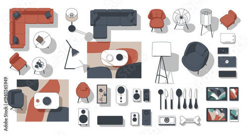 modern furniture and home decor collection isolated top-down isometric assets for interior design and apartment living.
