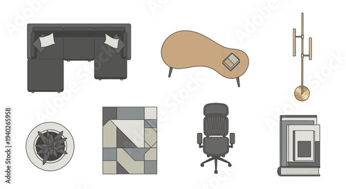 modern furniture and home decor elements in a plan view ideal for interior design layouts and architectural floor plans.