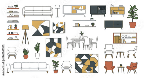 modern furniture and home decor elements in a minimalist line art style perfect for interior design concepts or product catalogs