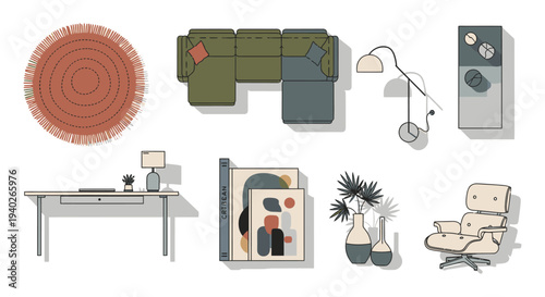 modern furniture and home decor elements vector illustration showcasing a minimalist flat lay of interior design items for residential planning