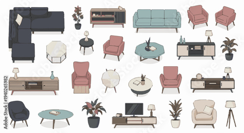 modern furniture and home decor illustration featuring minimalist sofas armchairs tables and plants for interior design.