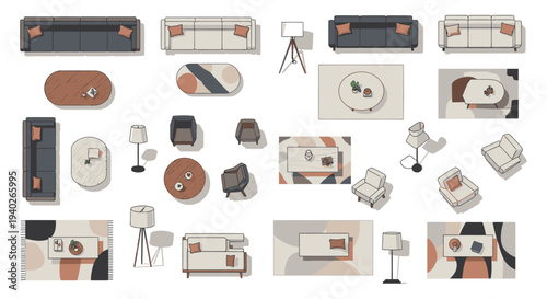 modern furniture and home decor items in a top view layout for interior design planning and architectural visualization