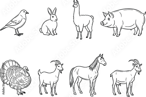 A collection of eight animal drawings featuring various species