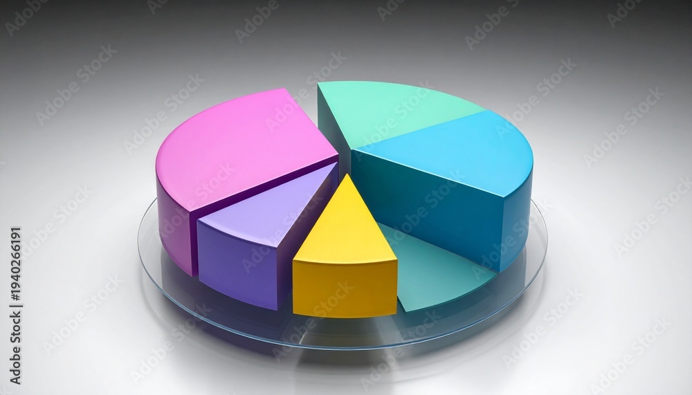 Obraz premium 3D pie chart with five colorful segments on transparent platform, symbolizing modern data distribution and statistical visualization.