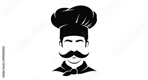 A stylish chef portrait with a large toque and mustache silhouette
