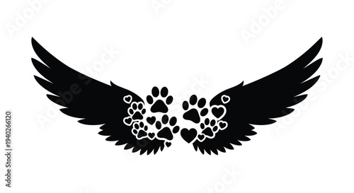 Black wings with paw prints and hearts create a striking silhouette