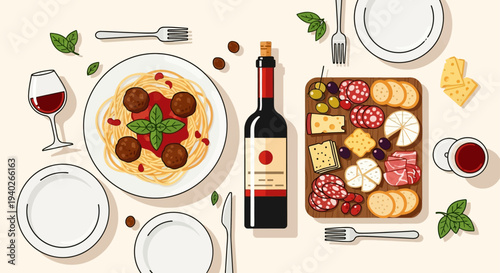 a delicious italian dinner spread with spaghetti meatballs a bottle of red wine and a gourmet charcuterie board laid out.