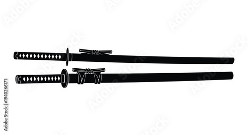 Two crossed katanas displayed against a white background silhouette