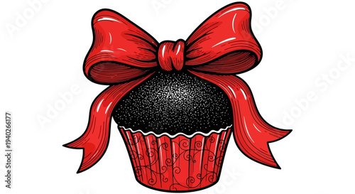 a delicious black cupcake with white sprinkles decorated with a vibrant red bow and patterned wrapper for any celebration