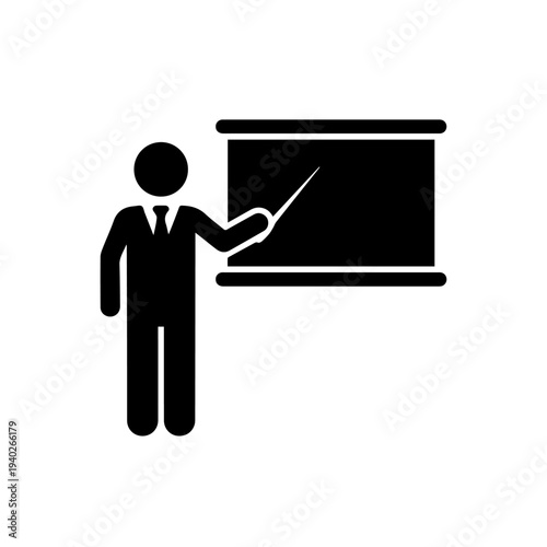 Teaching Moment: A simple yet effective graphic silhouette of a teacher poised with a pointer in front of a classroom board, ready to impart knowledge, representing education and instruction.
