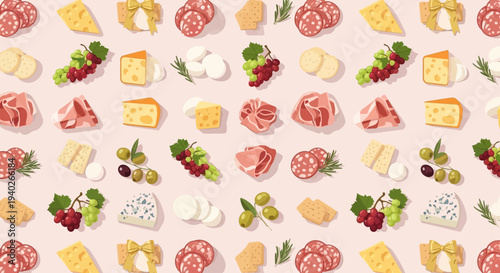 a delightful seamless charcuterie food pattern featuring gourmet cheeses cured meats and fresh produce on a light pink background ideal for culinary branding.