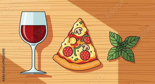 a delicious italian meal featuring a red wine glass pizza slice with pepperoni and basil leaves on a wooden table