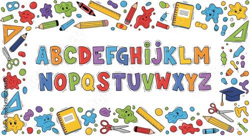 colorful educational alphabet with smiley faces and various school supplies perfect for childrens learning and back to school.