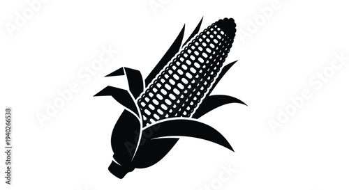 Detailed corn cob with husk leaves in striking black silhouette