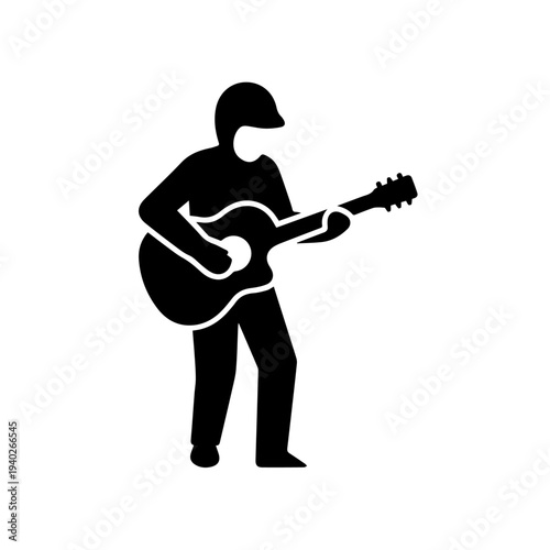 Guitar Player Icon: An artistic representation of a musician playing a acoustic guitar, a black silhouette of a person fully immersed in the melody.