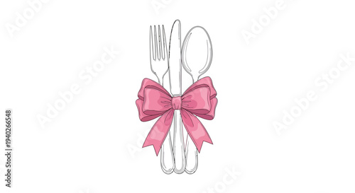 elegant drawing of a fork knife and spoon tied with a pink bow perfect for a special meal invitation or restaurant branding