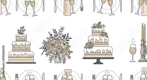 elegant seamless wedding pattern with illustrated cakes floral bouquets champagne flutes and reception table settings.