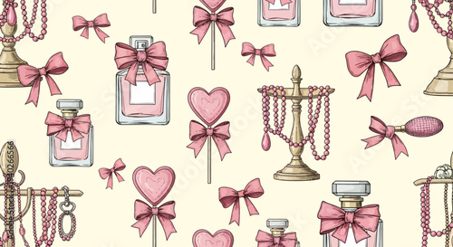 feminine seamless pattern of hand-drawn pink perfume bottles bows heart lollipops and elegant pearl jewelry.