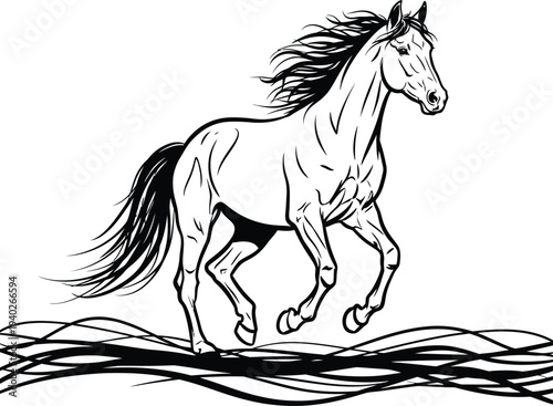 A horse in motion with flowing mane and tail