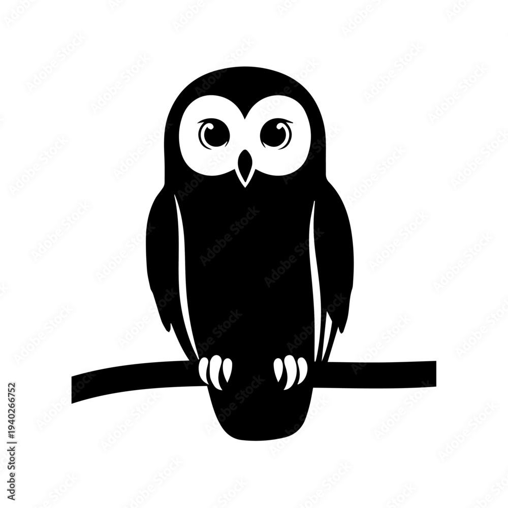 Obraz premium Silent Sentinel Silhouette: A sleek, minimalist illustration showcases a watchful owl perched on a branch, its silhouette a symbol of wisdom and night observation. 
